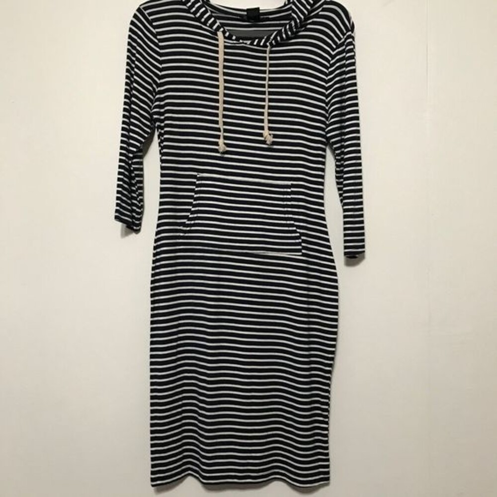 Oboe Navy Blue striped Long Sleeve Hood Stripe Bodycon Dress size M boho beach